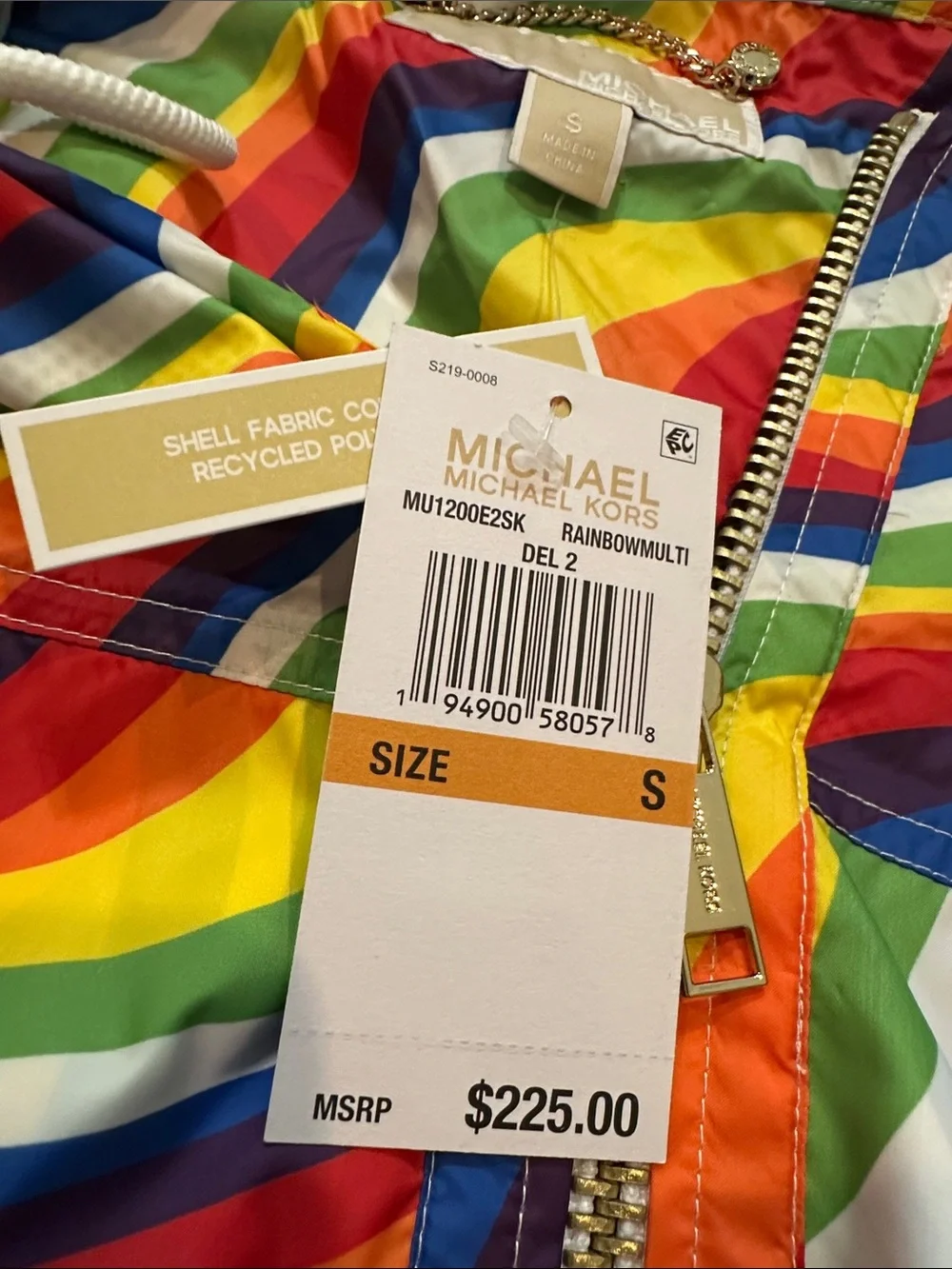NWT Michael Kors Rainbow Wave Zip-Front Hooded Bomber Jacket - Multicolor